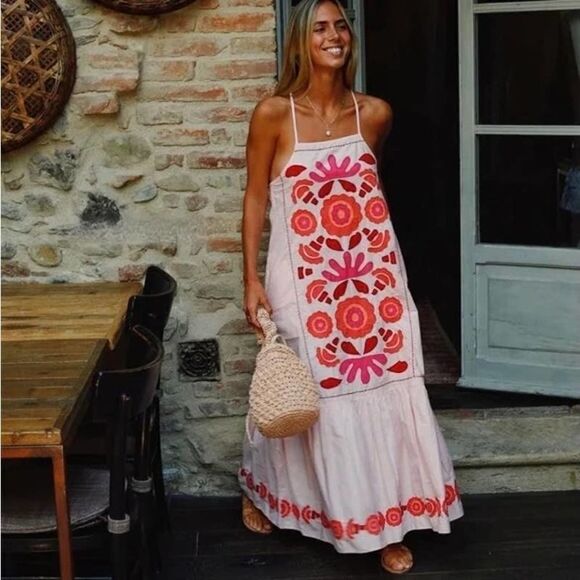 ZARA Embroidered Long Dress Open Back RUNS BIG  New - Picture 1 of 4